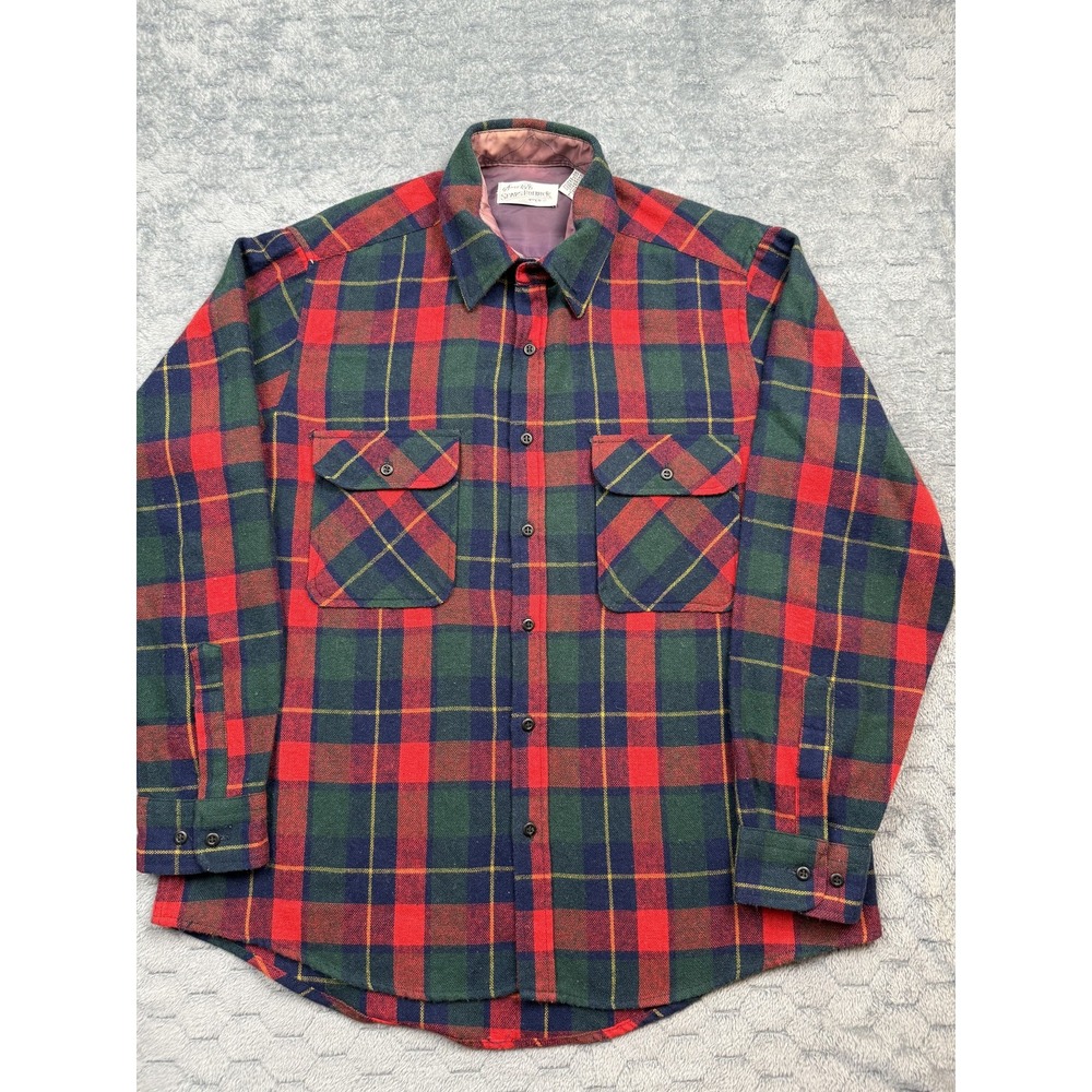Vintage Sears Roebuck Shirt‎ Mens Large Red Green Plaid Wool Blend Flannel 90s